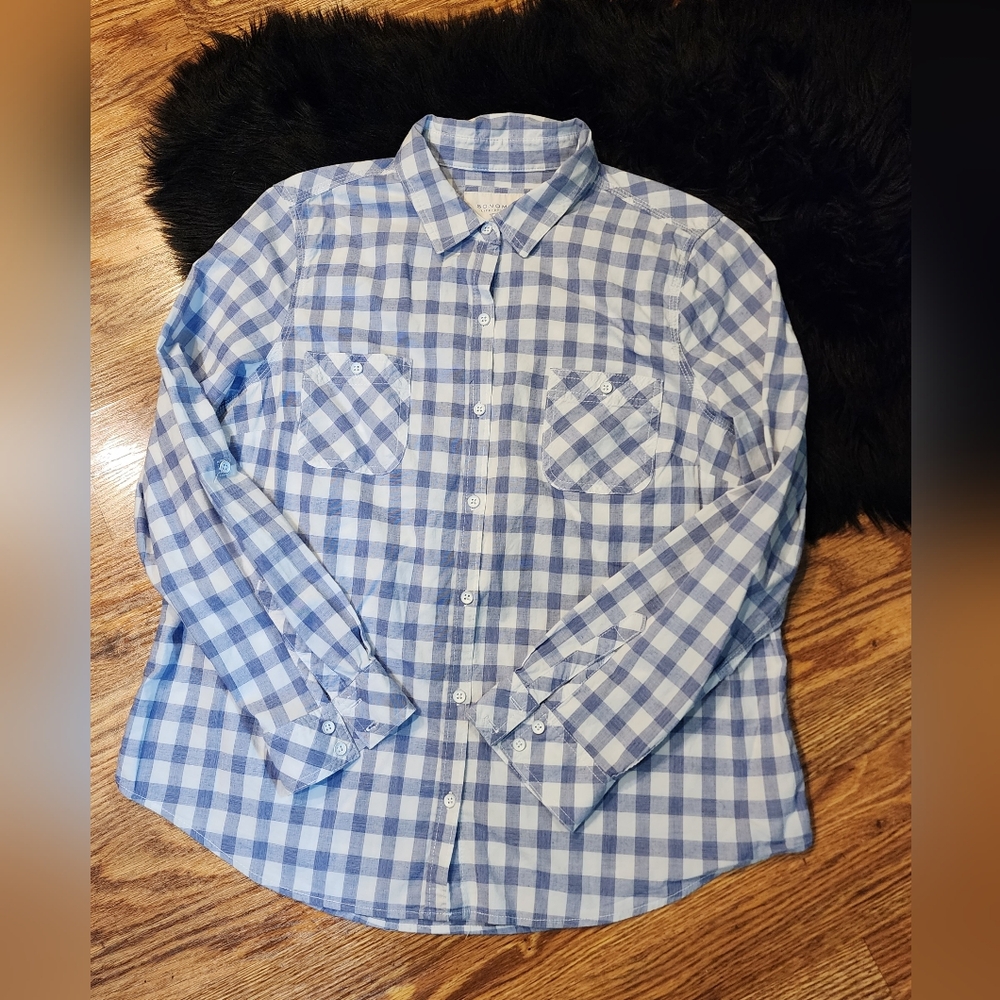 Women's Button Down Shirt Blue and White Gingham Plaid Cotton/Spandex Size XL